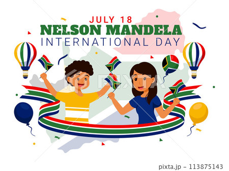 Happy Nelson Mandela International Day Vector Illustration on 18 July with South Africa Flag and Ribbon in Flat Cartoon Background Design 113875143