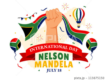 Happy Nelson Mandela International Day Vector Illustration on 18 July with South Africa Flag and Ribbon in Flat Cartoon Background Design 113875150