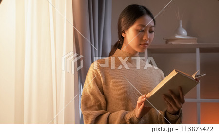 Home learning. Knowledge wisdom. Intelligent pensive woman enjoying reading book staying near window in light room interior. 113875422
