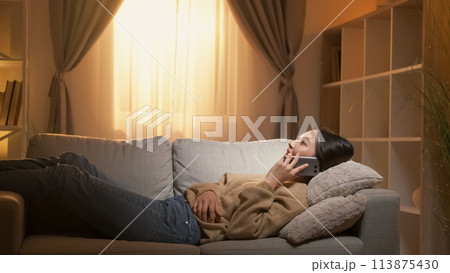 Phone talk. Home leisure. Weekend communication. Relaxed woman speaking lying on cozy couch in living room interior. 113875430