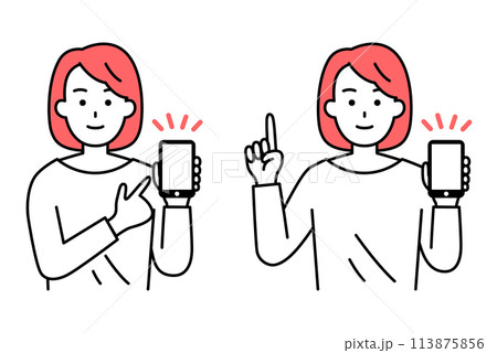 スマートフォンを持って説明するカジュアルな女性　セット 113875856