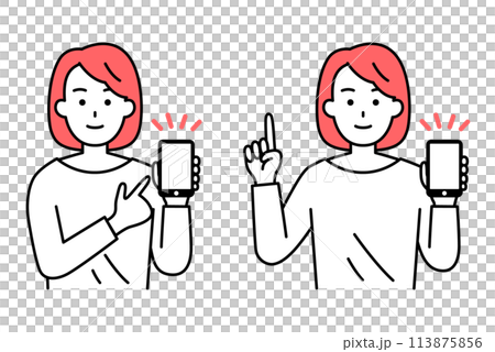 スマートフォンを持って説明するカジュアルな女性　セット 113875856