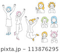 様々なポーズで喜ぶ女性たち 113876295