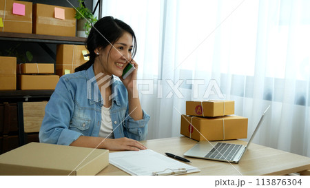 Online seller entrepreneur young asian woman using phone calling, checking online order. Woman calling check goods stock, delivery package shipping. Asian woman startup small business at home office 113876304