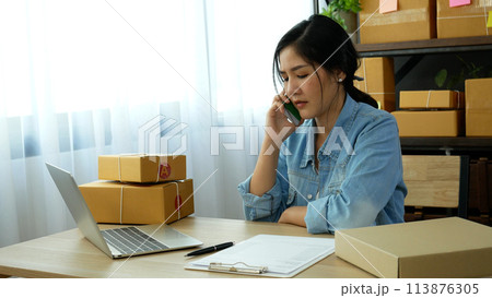 Online seller entrepreneur young asian woman using phone calling, checking online order. Woman calling check goods stock, delivery package shipping. Asian woman startup small business at home office Online seller entrepreneur young asian woman using phone calling, checking online order. Woman calling check goods stock, delivery package shipping. Asian woman startup small business at home office 113876305
