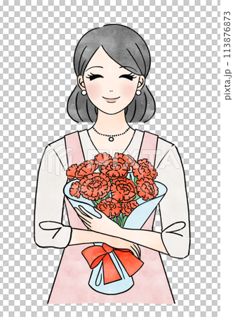 Illustration of a mother holding a bouquet of carnations for Mother's Day Illustration of a mother holding a bouquet of carnations for Mother's Day 113876873