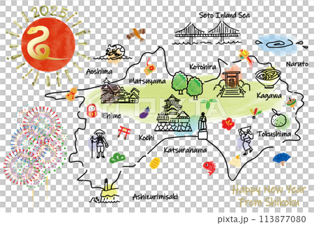Illustrated map of Shikoku's tourist destinations New Year's card 2025 113877080