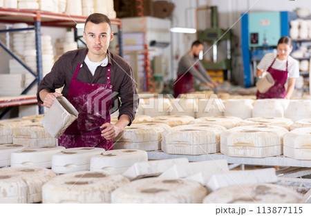 Ceramicist pouring liquid clay into slipcasting molds in pottery workshop 113877115