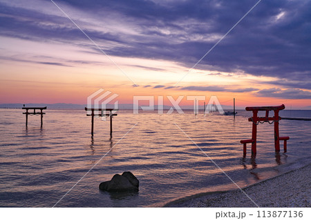 【大魚神社の海中鳥居と太良海中道路 (明け方)】 佐賀県藤津郡太良町多良 113877136