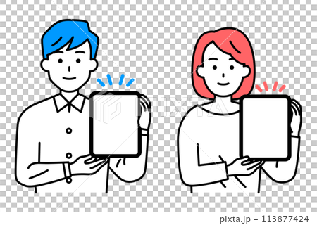 タブレットを持って説明するカジュアルな男女　セット 113877424