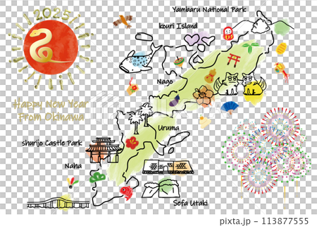 Okinawa Prefecture tourist destination illustrated map New Year's card 2025 113877555