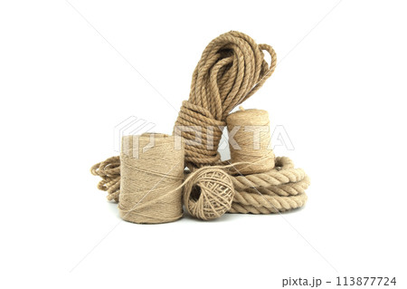 Jute ropes and twines isolated on white background 113877724