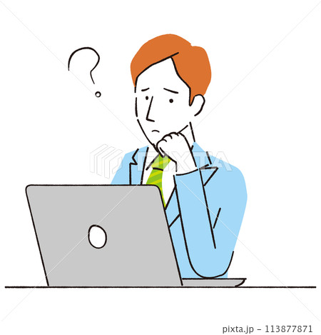 手書き線画イラスト スーツの男性 PCの前で悩む ? 手書き線画イラスト スーツの男性 PCの前で悩む ? 113877871