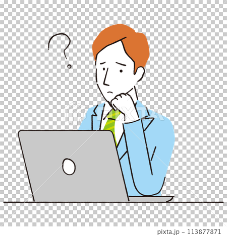 手書き線画イラスト スーツの男性 PCの前で悩む ? 手書き線画イラスト スーツの男性 PCの前で悩む ? 113877871