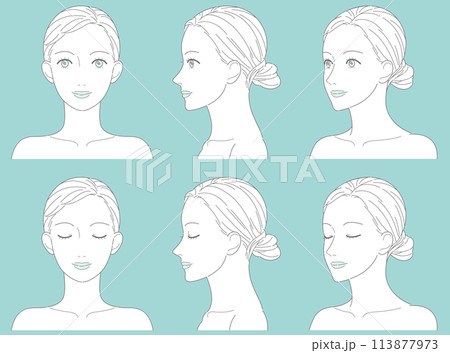 女性 正面 横顔 斜め 線画 白抜き ベクター 女性 正面 横顔 斜め 線画 白抜き ベクター 113877973