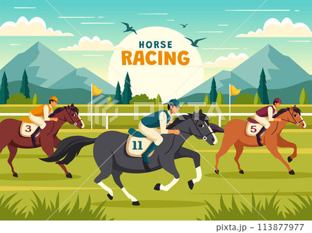 Horse Racing Competition Vector Illustration with Equestrian Performance Sport and Rider or Jockeys in a Racecourse on Flat Cartoon Background Horse Racing Competition Vector Illustration with Equestrian Performance Sport and Rider or Jockeys in a Racecourse on Flat Cartoon Background 113877977