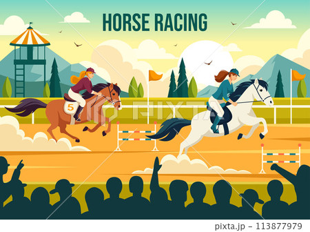 Horse Racing Competition Vector Illustration with Equestrian Performance Sport and Rider or Jockeys in a Racecourse on Flat Cartoon Background Horse Racing Competition Vector Illustration with Equestrian Performance Sport and Rider or Jockeys in a Racecourse on Flat Cartoon Background 113877979