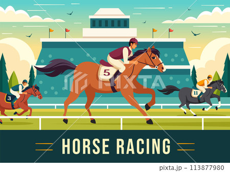 Horse Racing Competition Vector Illustration with Equestrian Performance Sport and Rider or Jockeys in a Racecourse on Flat Cartoon Background Horse Racing Competition Vector Illustration with Equestrian Performance Sport and Rider or Jockeys in a Racecourse on Flat Cartoon Background 113877980