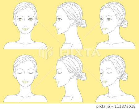 女性 正面 横顔 斜め 線画 白抜き ベクター 女性 正面 横顔 斜め 線画 白抜き ベクター 113878019