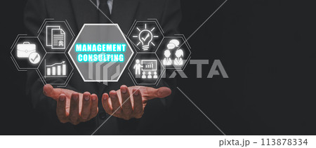 Management consulting concept, Businessman hands holding business, qualification, development, advice, solution and training icon on virtual screen. 113878334