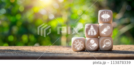 Business excellence concept, Wooden block on desk with vision, leadership, marketing, partnership, innovation and results icon on virtual screen. 113878339