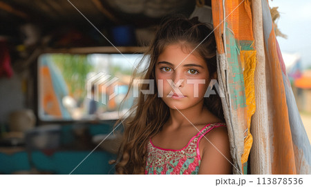 A young girl in a war-stricken environment looks on with poignant resilience. A young girl in a war-stricken environment looks on with poignant resilience. 113878536