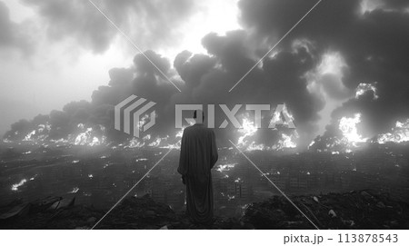 Lone Figure Overlooking Devastated Urban Landscape. 113878543