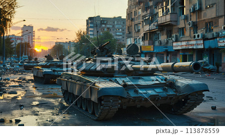 Tanks lined up on a city street at sunset in the war zone. 113878559