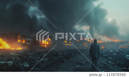 A lone figure observing the widespread devastation after a night of intense shelling. 113878560