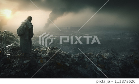 Soldier gazing over a desolate landscape covered in rubble and ash post-conflict. 113878620