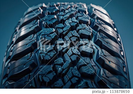 Car tire tread detail shot, showcasing the rugged design for off-road performance against a dark teal backdrop. Car tire tread detail shot, showcasing the rugged design for off-road performance against a dark teal backdrop. 113878650