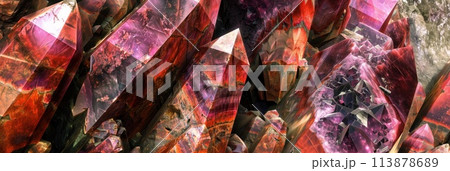Rough crystal surfaces in deep red and green, with a sharp and jagged appearance, reminiscent of a quartz geode or a mineral extraction site. 113878689