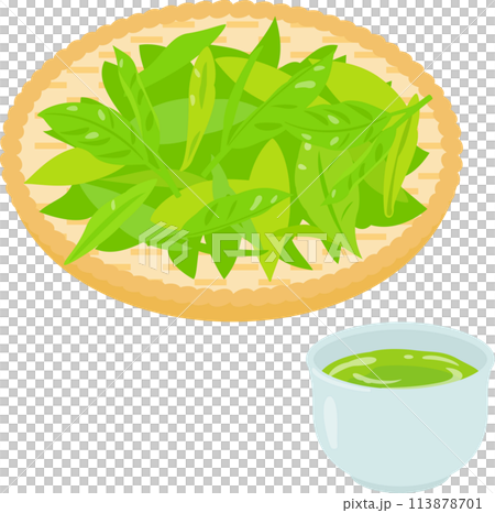 笊に乗せたチャノキの葉と緑茶 113878701