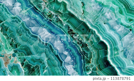 Resembling a luxurious malachite stone, this image has rich swirling patterns of teal and emerald green with natural banding, suggesting organic opulence. 113878791