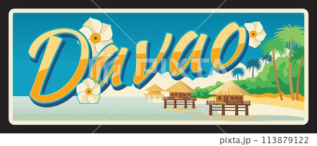 Davao Philippines administrative area, Region XI landscape. Vector travel plate, vintage tin sign, retro vacation postcard or journey signboard. Plaque with beach and flowers, wooden bungalow Davao Philippines administrative area, Region XI landscape. Vector travel plate, vintage tin sign, retro vacation postcard or journey signboard. Plaque with beach and flowers, wooden bungalow 113879122