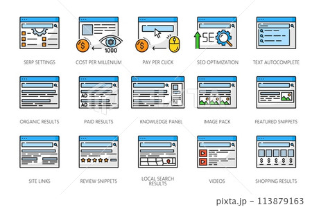 SERP icons, search engine result page, web marketing and internet advertising optimization, line vector. SERP icons o website online information, media content and keyword SEO or webpage pictograms 113879163