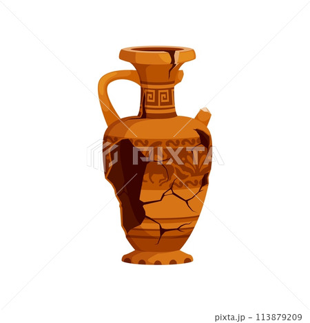 Ancient broken pottery and vase. Old ceramic cracked pot and jug. Isolated vector fragmented vessel of forgotten civilizations, adorned with faded, intricate patterns and cracked earthenware pieces Ancient broken pottery and vase. Old ceramic cracked pot and jug. Isolated vector fragmented vessel of forgotten civilizations, adorned with faded, intricate patterns and cracked earthenware pieces 113879209