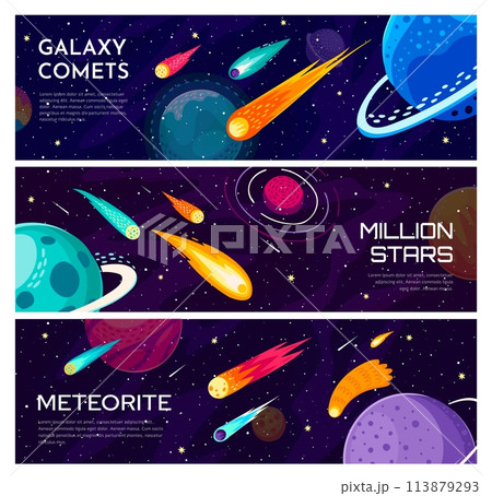 Galaxy universe banners. Comets and planets, stars and asteroids. Vector horizontal cards, capture celestial majesty of space, vibrant meteorites, shimmering shooting stars and drifting bolides 113879293