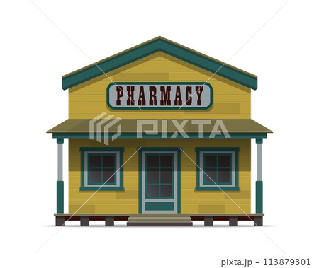 Western pharmacy building, wild west drug store. Isolated vector old american town country architecture, features a rustic, wooden structure with a large signboard or signage, windows, and wood door Western pharmacy building, wild west drug store. Isolated vector old american town country architecture, features a rustic, wooden structure with a large signboard or signage, windows, and wood door 113879301