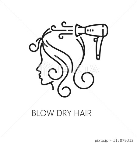 Blow dry hair icon, isolated vector hair care and treatment linear sign. Female head, hairdryer with airflow and wavy lines. Outline simple pictogram, symbolizing process of drying and styling hair 113879312