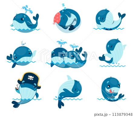 Cartoon cute kawaii whale characters. Funny sea water animals vector personages set of blue and humpback whales with happy smiles splashing water spouts through blowholes, swimming and jumping Cartoon cute kawaii whale characters. Funny sea water animals vector personages set of blue and humpback whales with happy smiles splashing water spouts through blowholes, swimming and jumping 113879348
