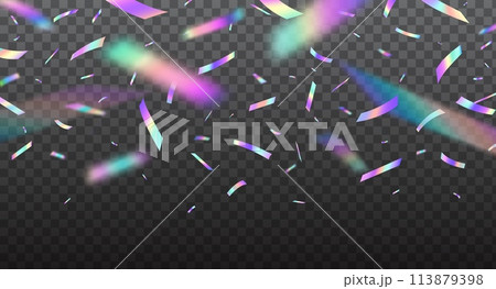 Holographic confetti, falling festive colorful glitters. Vector background with rainbow iridescent overlay texture, holiday foil hologram tinsel and serpentine with bokeh light effect and color glare 113879398