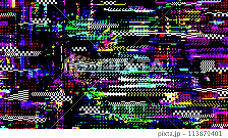 Retro pixel noise glitch abstract background with noisy pattern. Vector glitched backdrop pulsating with colorful distortions and digital artifacts. Monitor screen with computer error or bug 113879401
