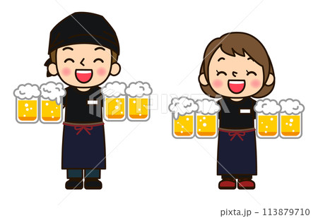 ビールを運ぶ居酒屋店員男女 113879710