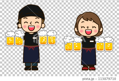 ビールを運ぶ居酒屋店員男女 113879710