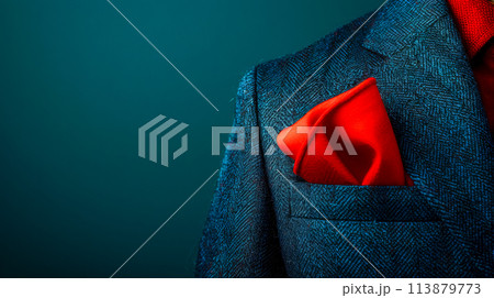 Elegant blue suit with red pocket square 113879773