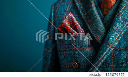 Elegant suit with pocket square on teal background 113879775