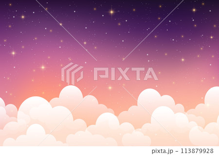 Pink cloudy sky background. Pastel fantasy purple sunset. Abstract dreamy magic vector wallpaper with soft light. Fairy heaven morning illustration with gradient texture with cute stars. Pink cloudy sky background. Pastel fantasy purple sunset. Abstract dreamy magic vector wallpaper with soft light. Fairy heaven morning illustration with gradient texture with cute stars. 113879928