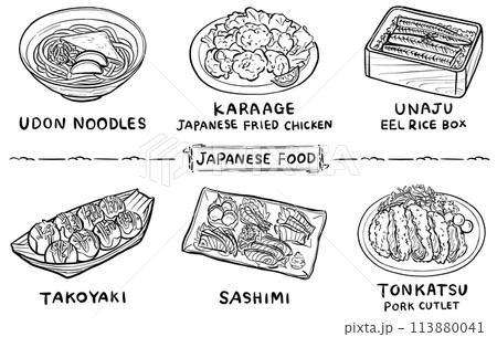日本食 イラスト素材 線画 手描き 1色 日本食 イラスト素材 線画 手描き 1色 113880041