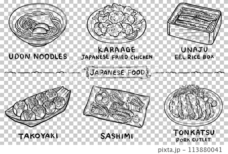 日本食 イラスト素材 線画 手描き 1色 日本食 イラスト素材 線画 手描き 1色 113880041